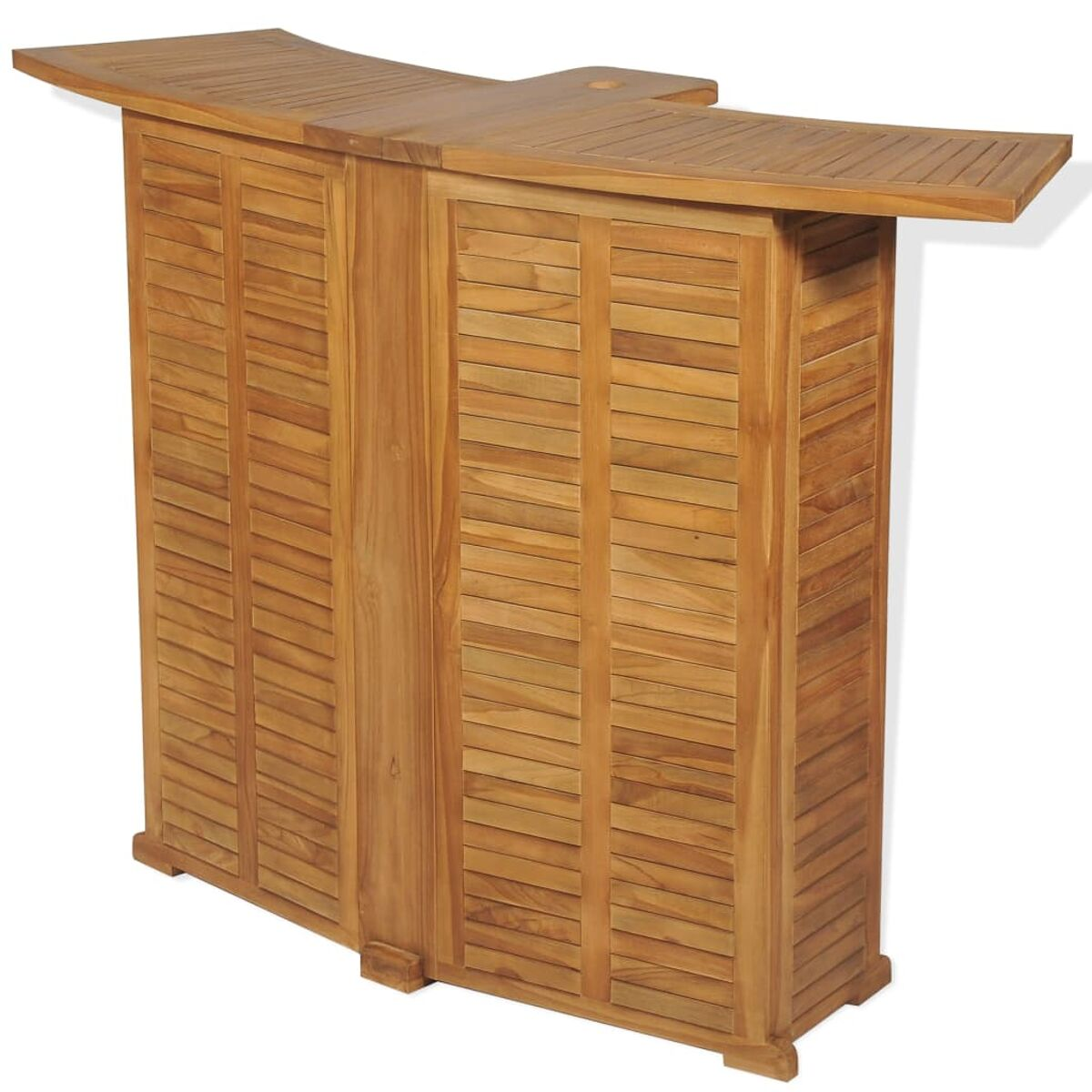 Outdoor-Bar aus Holz mit Theke und Lamellenwänden. Weißer Hintergrund.