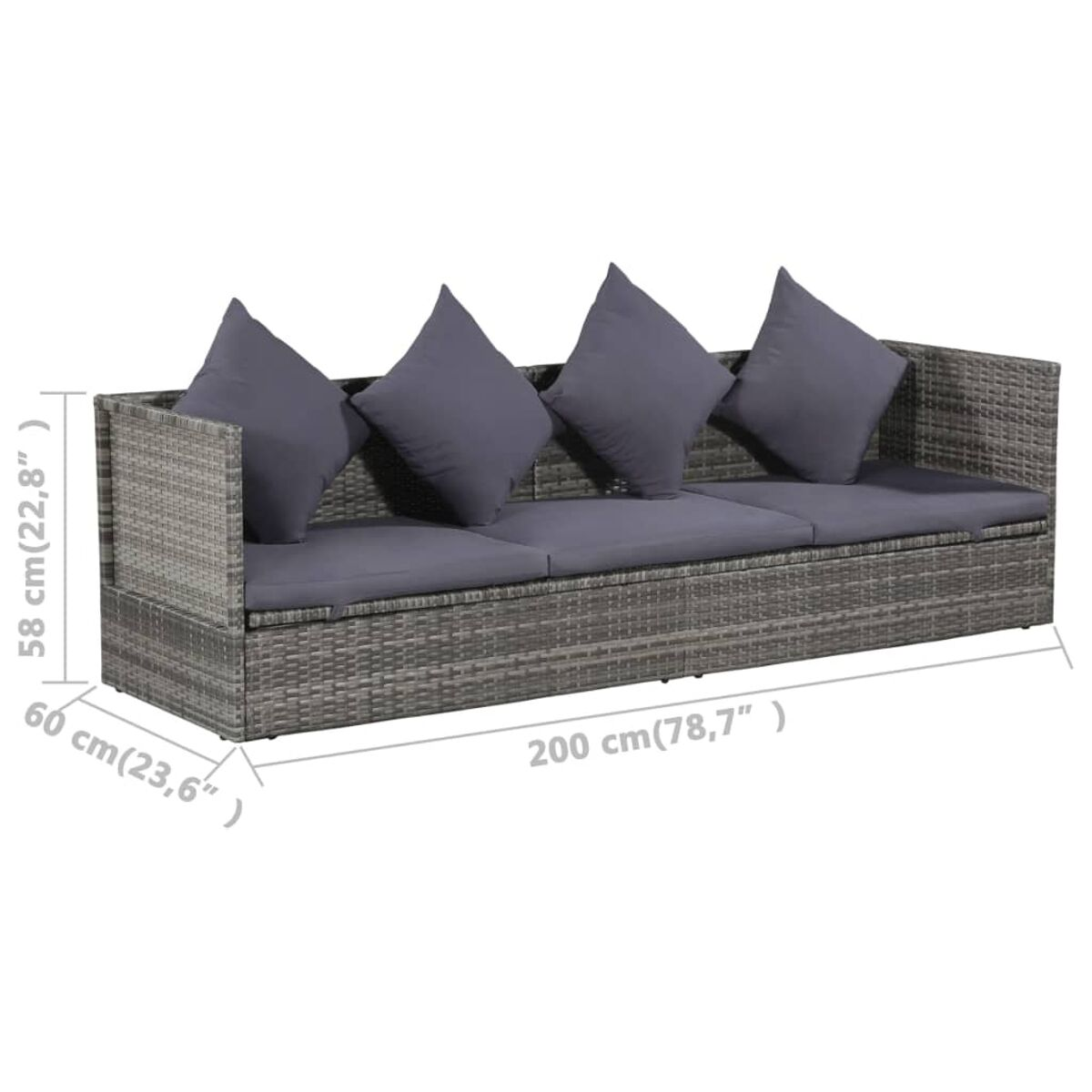 Ein graues Korbmöbelsofa mit Kissen, Abmessungen sind angegeben.