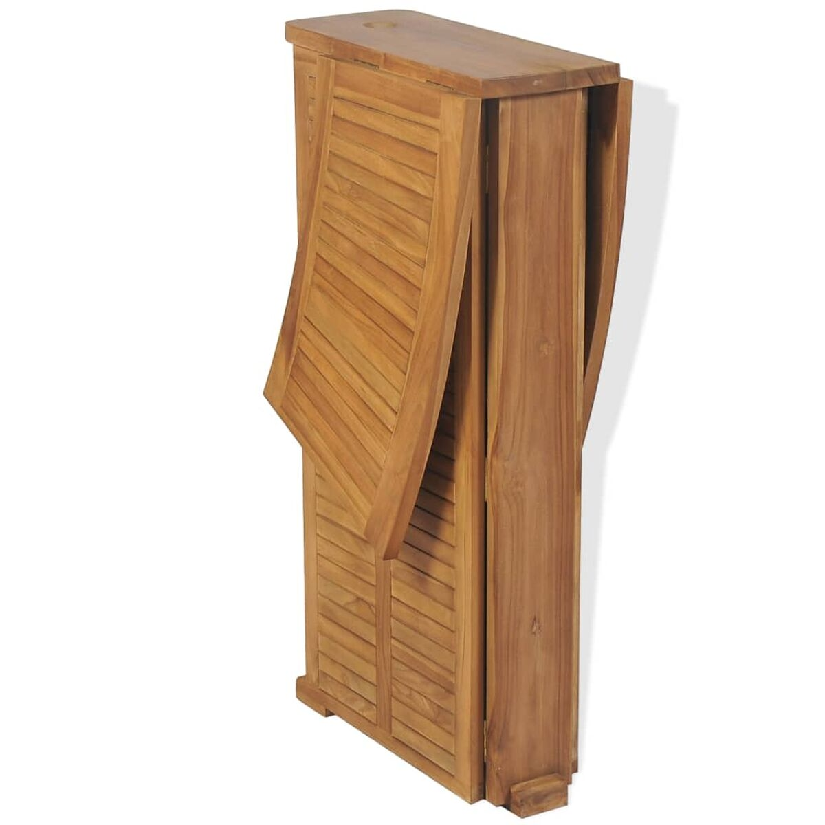 Klapptisch aus Holz, teilweise geöffnet. Lamellendesign, hellbraune Farbe.