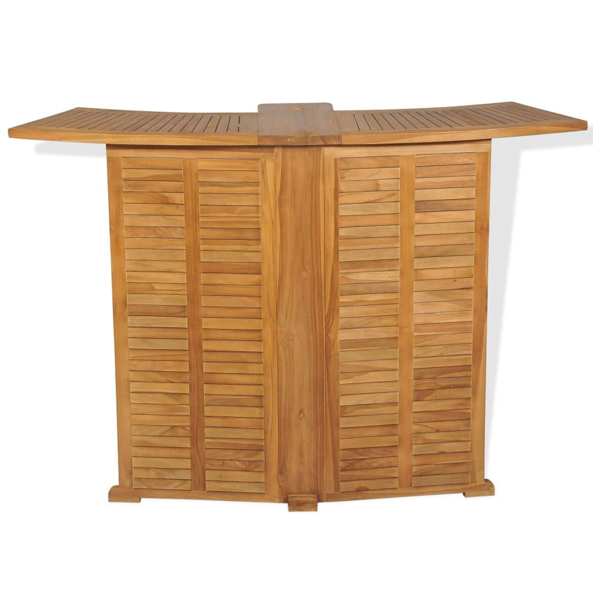 Holz-Außenbar mit Fensterläden und geschwungener Oberseite.