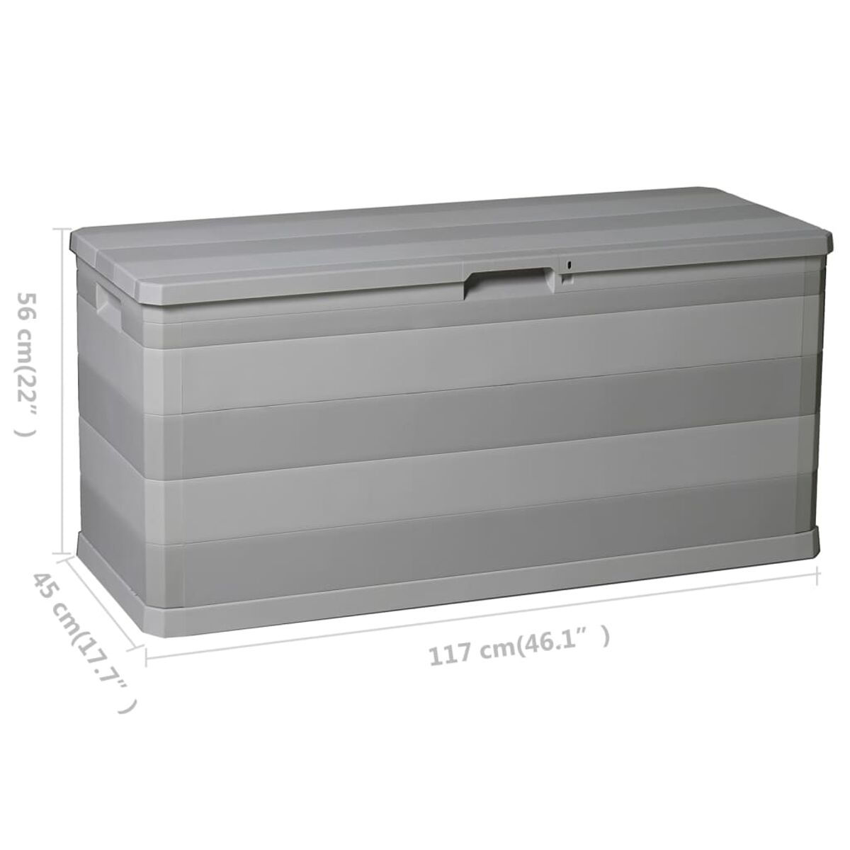 Graue Aufbewahrungsbox mit Maßen. Rechteckige Form mit Deckel.