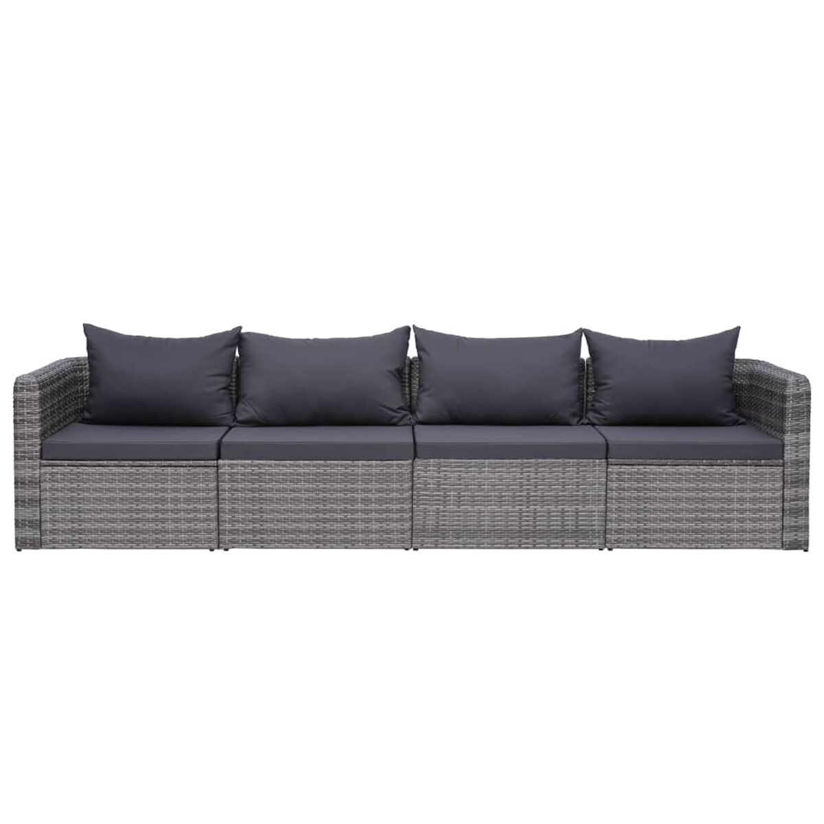 Viersitziges graues Korbmöbelsofa mit dunkelgrauen Kissen.