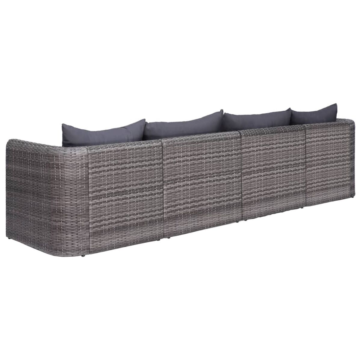 Graues gewebtes Outdoor-Sofa mit grauen Kissen, Rückansicht. Weißer Hintergrund.
