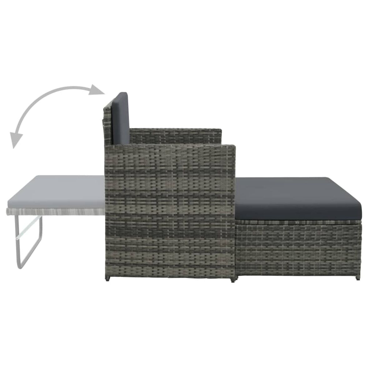 Graues Outdoor-Möbel-Set aus Korbgeflecht, mit ausziehbarem Beistelltisch.