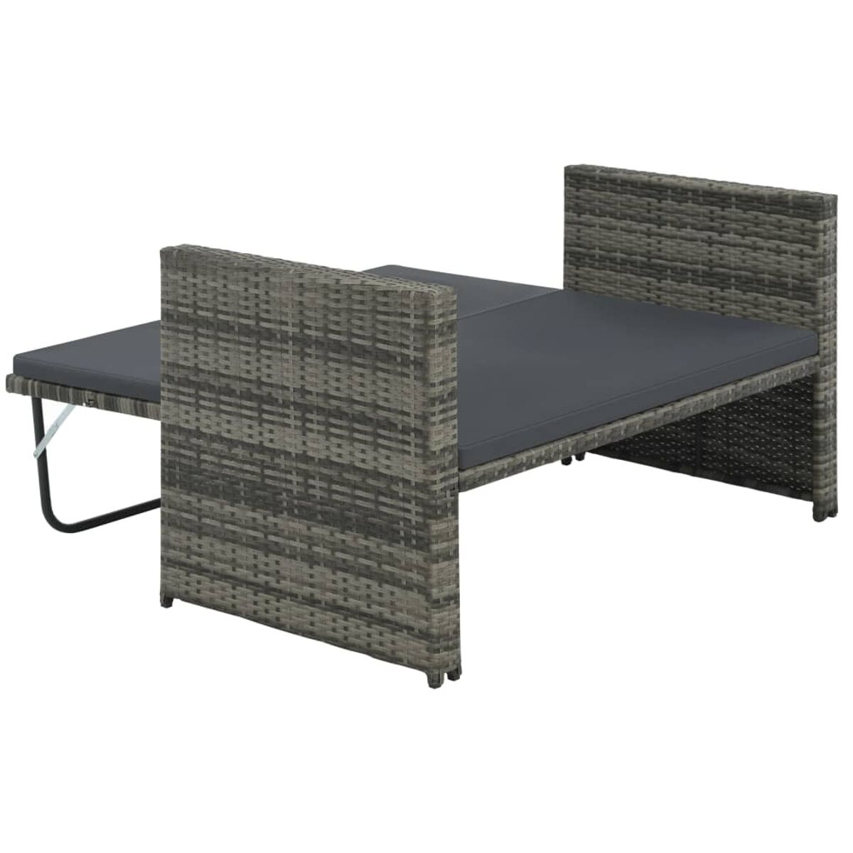 Graues, gewebtes Outdoor-Schlafsofa mit dunkelgrauem Kissen, isoliert auf weißem Hintergrund.