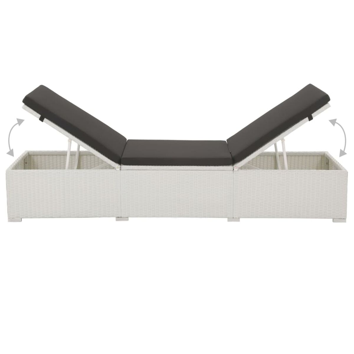 Weiße Outdoor-Chaiselongue mit verstellbaren Kopfstützen. Es hat ein weißes Korbflechtmuster.