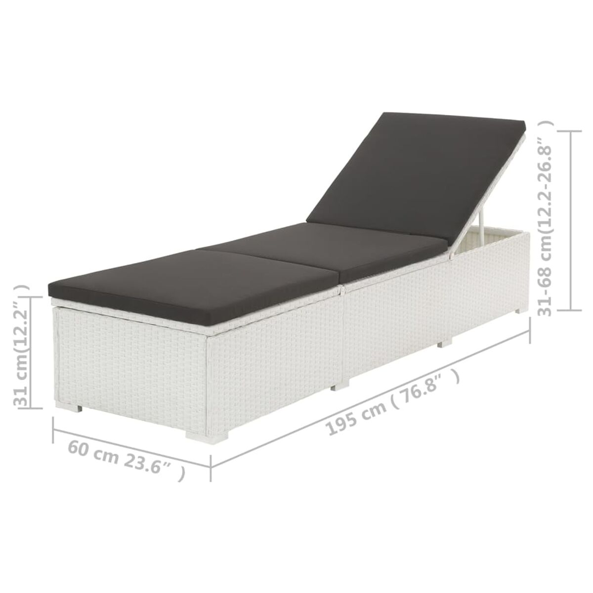 Eine weiße Korbsessel-Chaiselongue mit schwarzem Kissen, mit angegebenen Abmessungen. Der Hintergrund ist weiß.