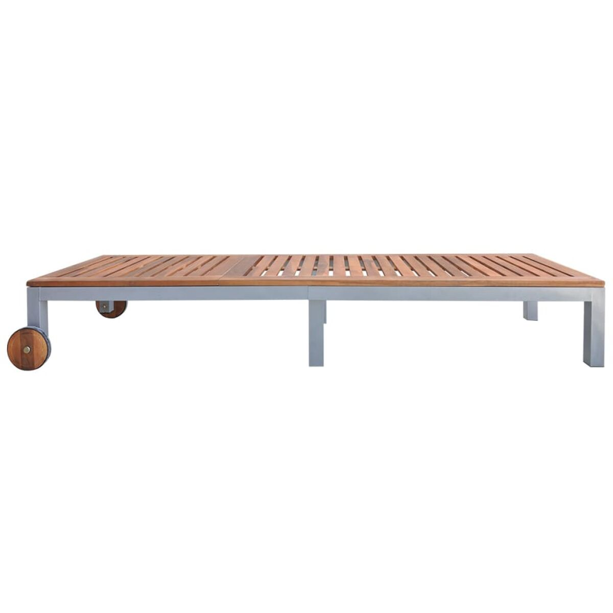 Ein Liegestuhl aus Holz und Metall mit Rädern.