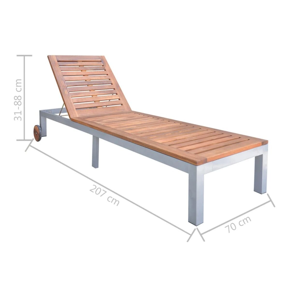 Sonnenliege aus Holz mit Maßen. Grauer Metallrahmen.