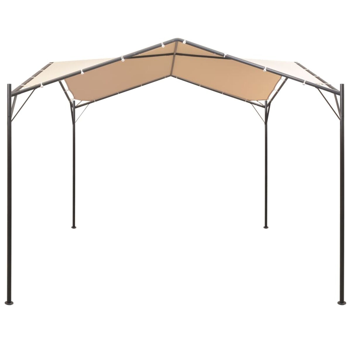 Beige Baldachin-Struktur mit dunklem Metallrahmen. Die Oberseite ist abgewinkelt und offen.