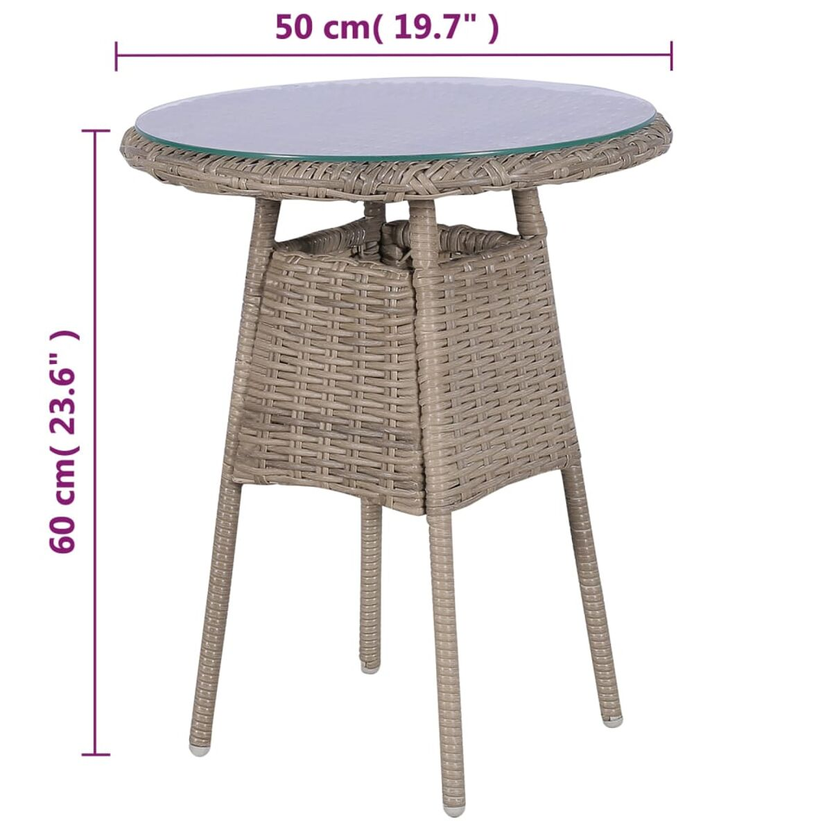 Kleiner runder Tisch mit Glasplatte und gewebtem Sockel. Abmessungen in cm und Zoll.