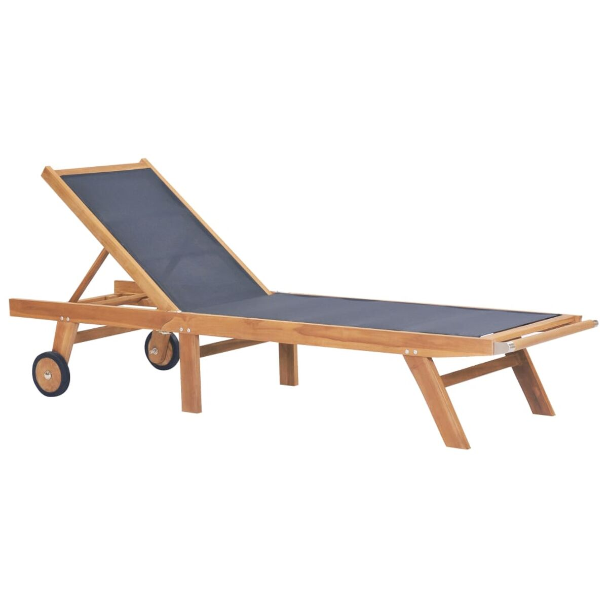 Sonnenliege aus Holz mit blauem Netzgewebe und Rädern.