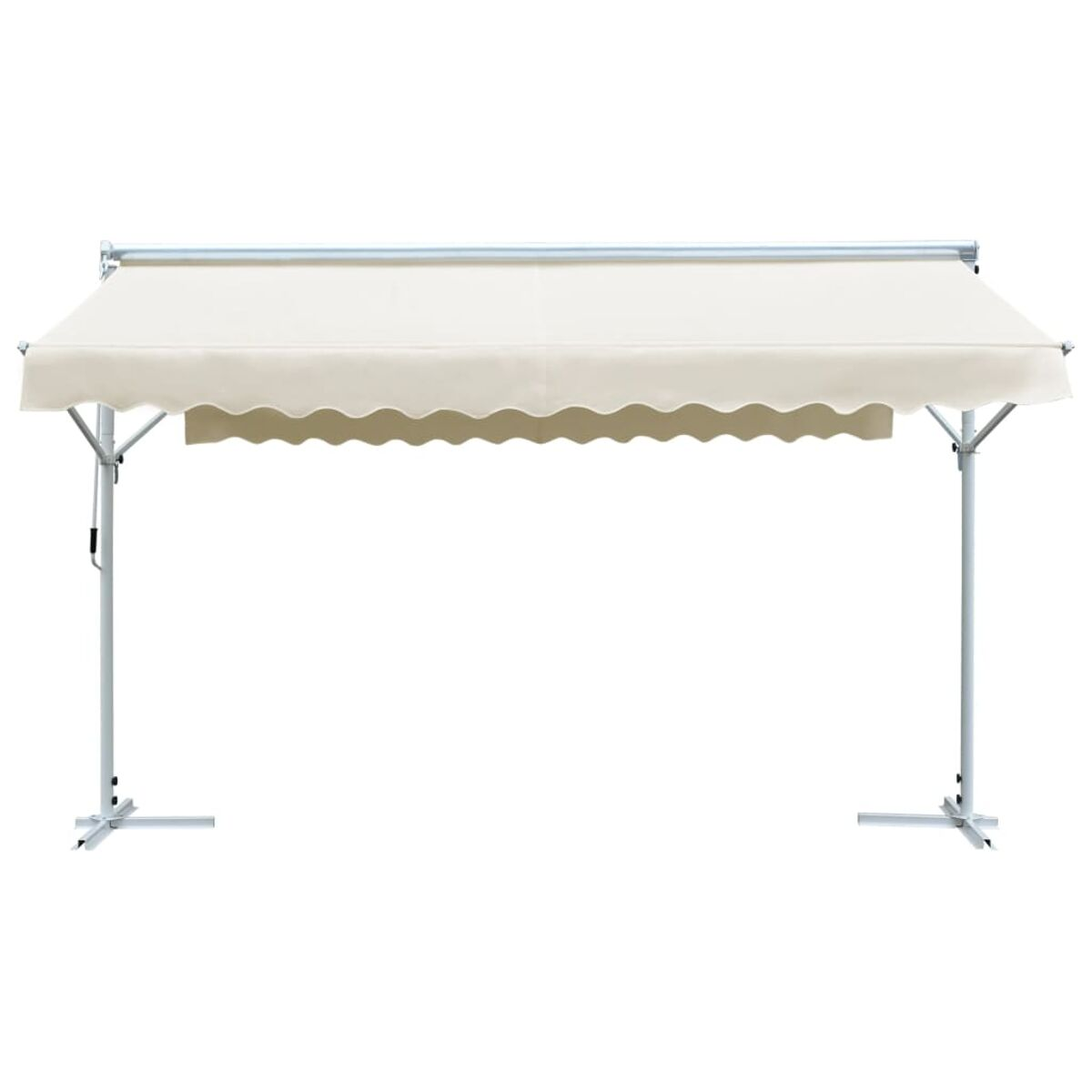 Beige Markise mit weißem Rahmen. Der Rahmen hat zwei Beine. Weißer Hintergrund.