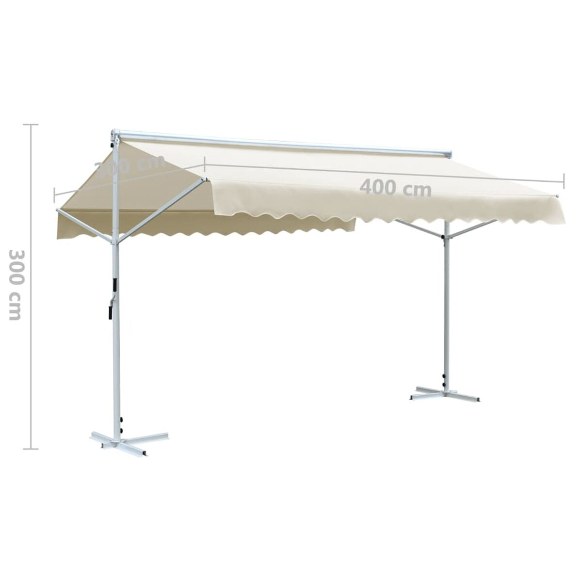 Beiger rechteckiger Sonnenschirm. Die Abmessungen sind 400 cm breit und 300 cm hoch, auf weißem Rahmen.