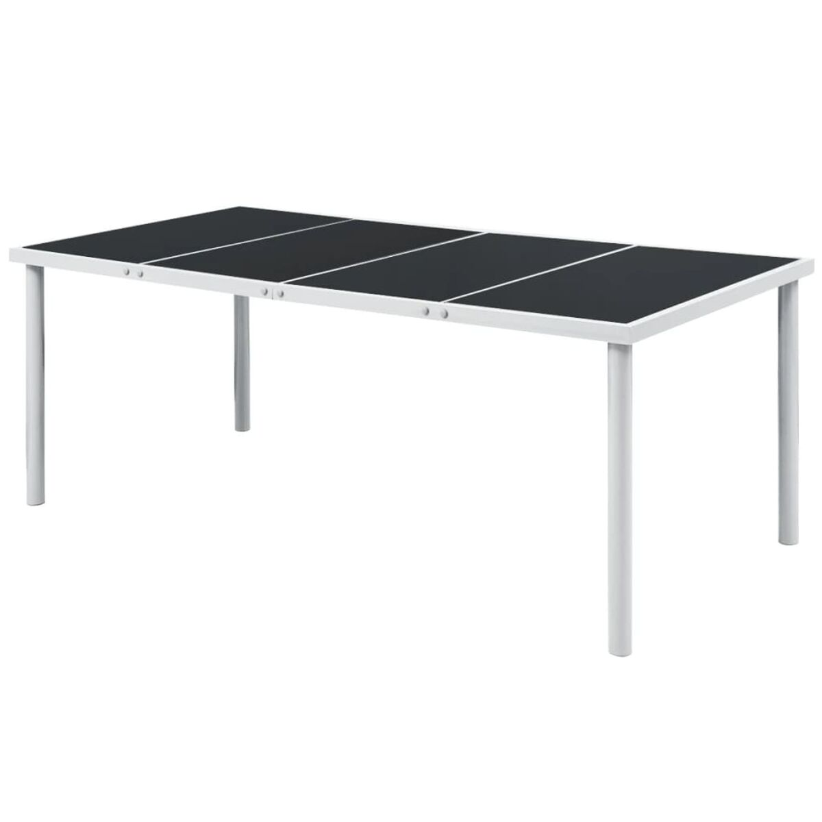 Mesa rectangular con tablero negro y patas blancas sobre fondo blanco.