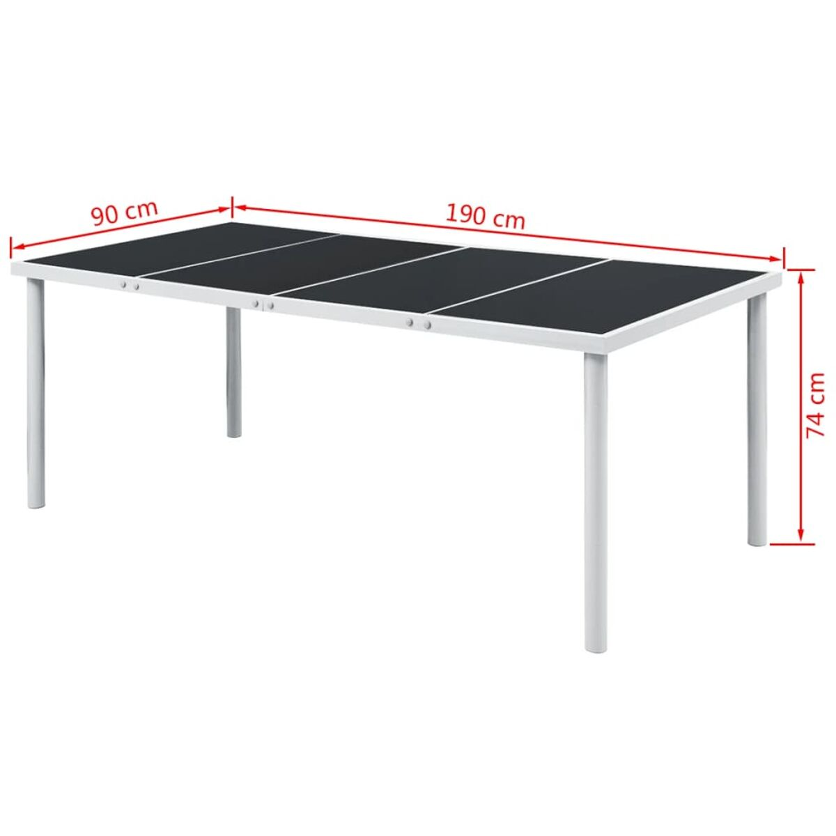 Mesa rectangular con tapa de cristal negro, patas blancas. Dimensiones visibles.