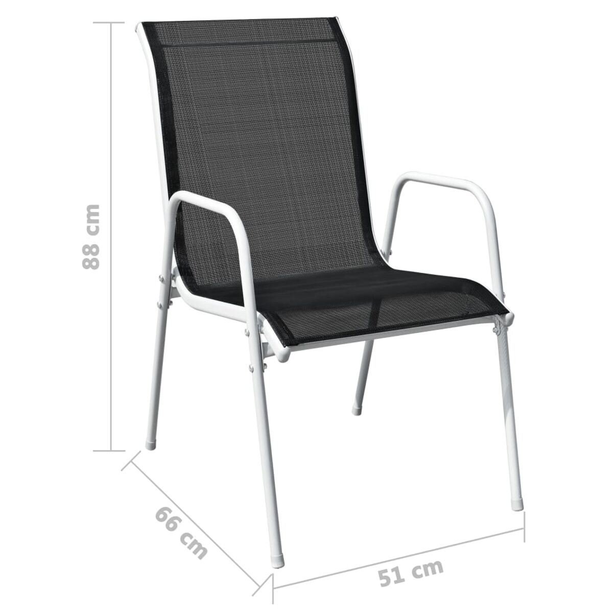 Silla de malla negra con marco blanco; dimensiones mostradas.
