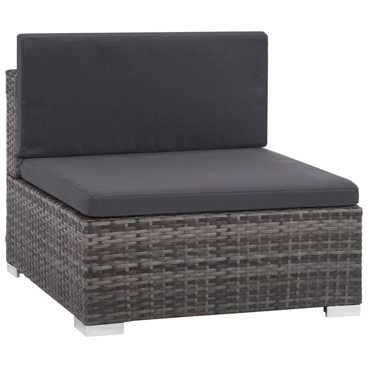 Graues Rattan-Outdoor-Sofa mit dunkelgrauem Kissen.
