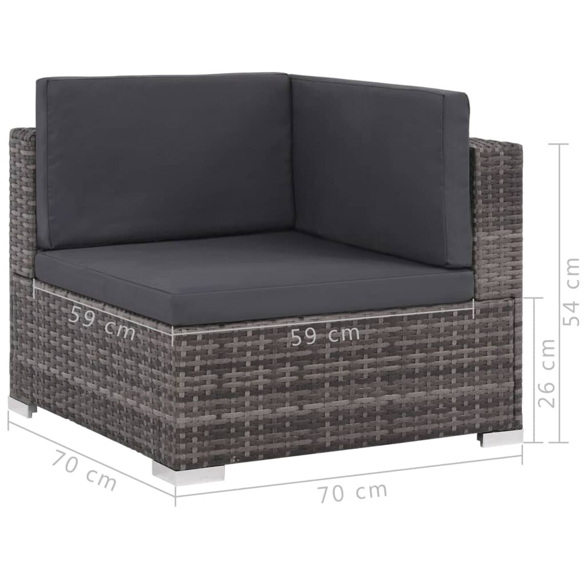 Ein Ecksofa mit grauen Kissen, einem braunen Korbgestell und angegebenen Abmessungen.