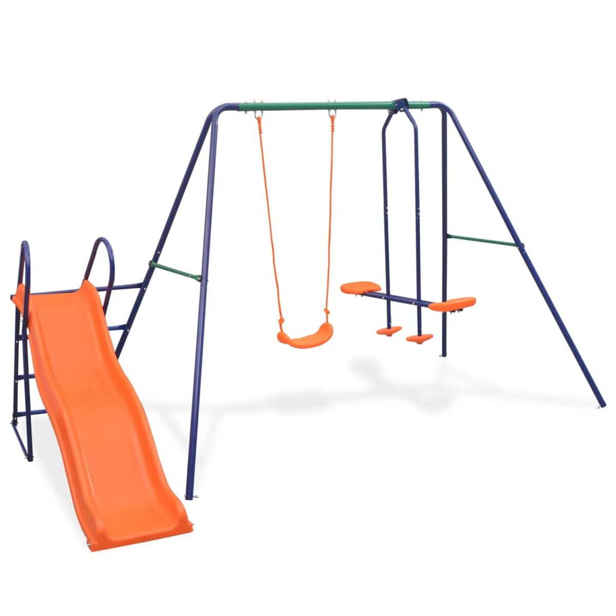 Orange Rutsche, Schaukeln und Wippe auf einem blau-grünen Spielplatz.