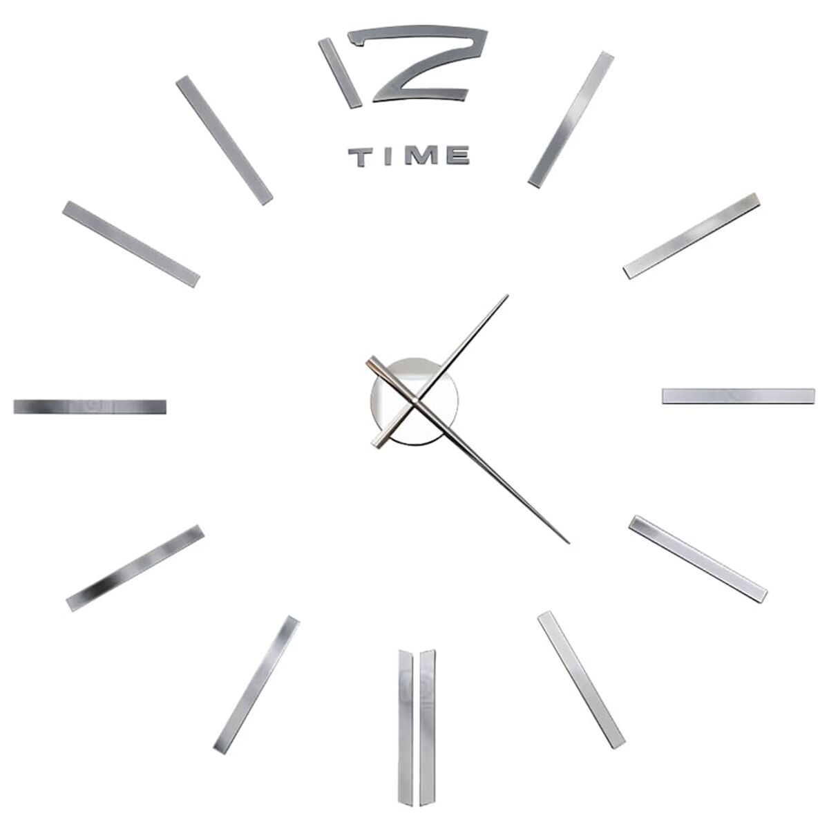 Eine moderne Wanduhr mit silbernen Linien und dem Wort „TIME“.