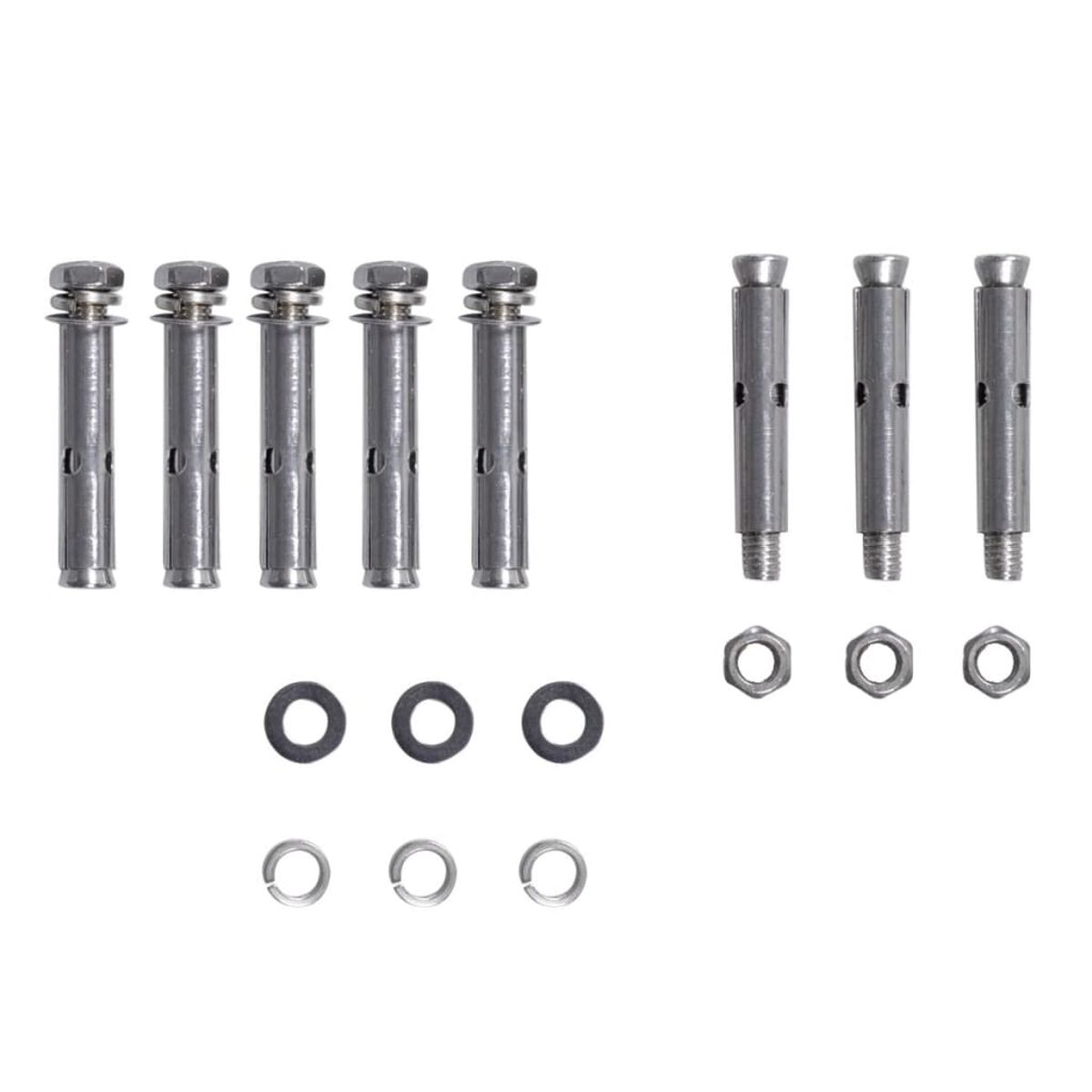 Hardware-Set: 7 silberne Schrauben mit Unterlegscheiben und 3 Muttern. Alles auf weißem Hintergrund.