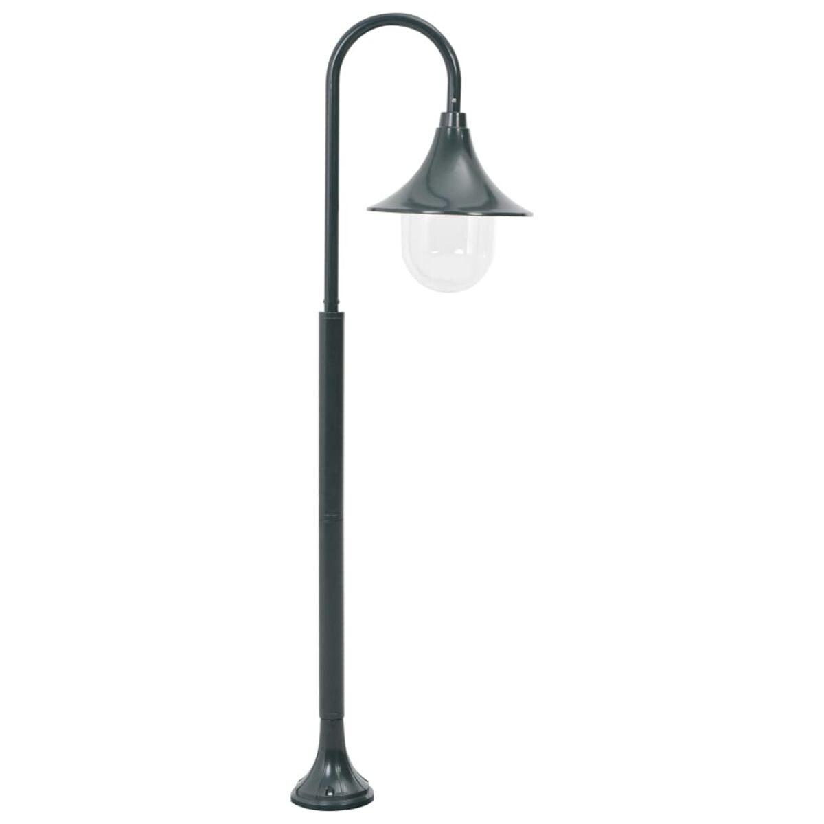 Grauer Außenlampenpfosten mit gebogenem Oberteil, nach unten gerichteter Lampe, weißer Hintergrund.