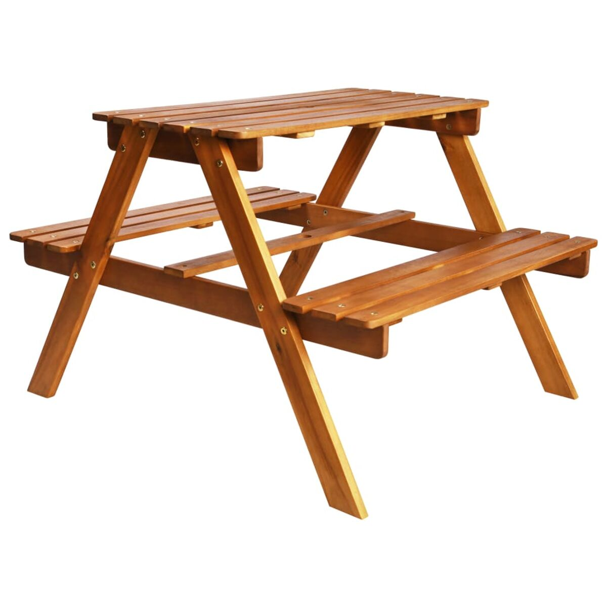 Holz-Picknicktisch, braun mit klappbaren Bänken und rechteckiger Tischplatte.