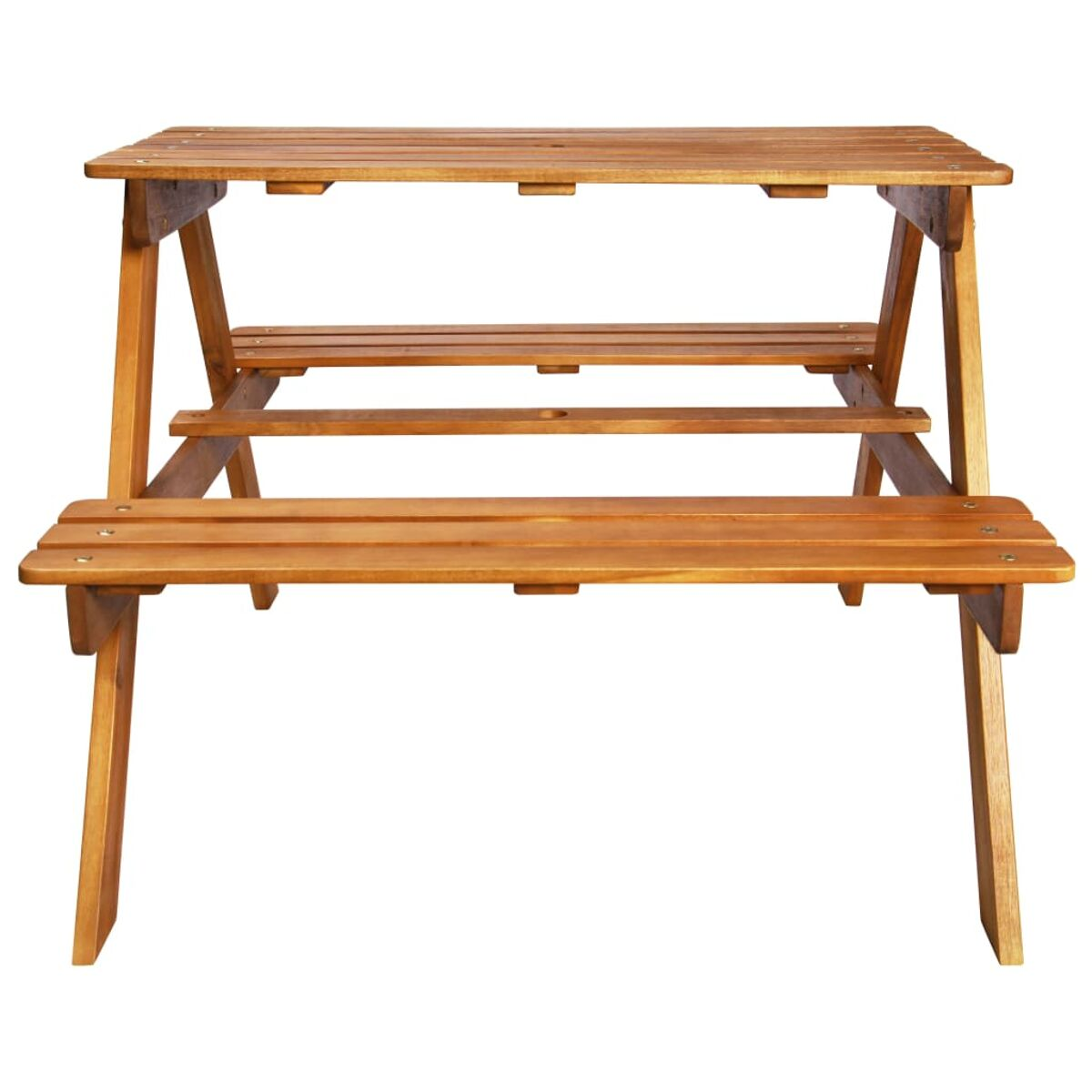Holz-Picknicktisch, braun. Zwei Bänke. Auf weißem Hintergrund.