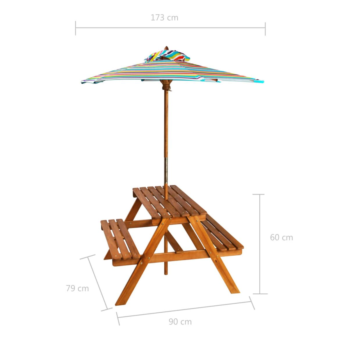 Holz-Picknicktisch mit Sonnenschirm. Maße: Tisch 90x79cm, Schirm 173cm breit, 60cm hoch.