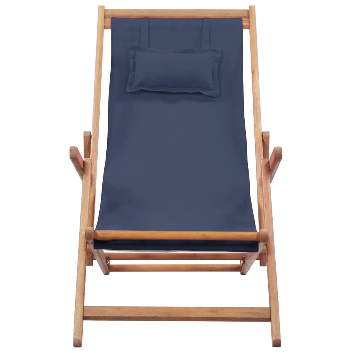 Draufsicht auf einen Holz-Deckstuhl mit dunkelblauem Sitz und kleinem Kissen.
