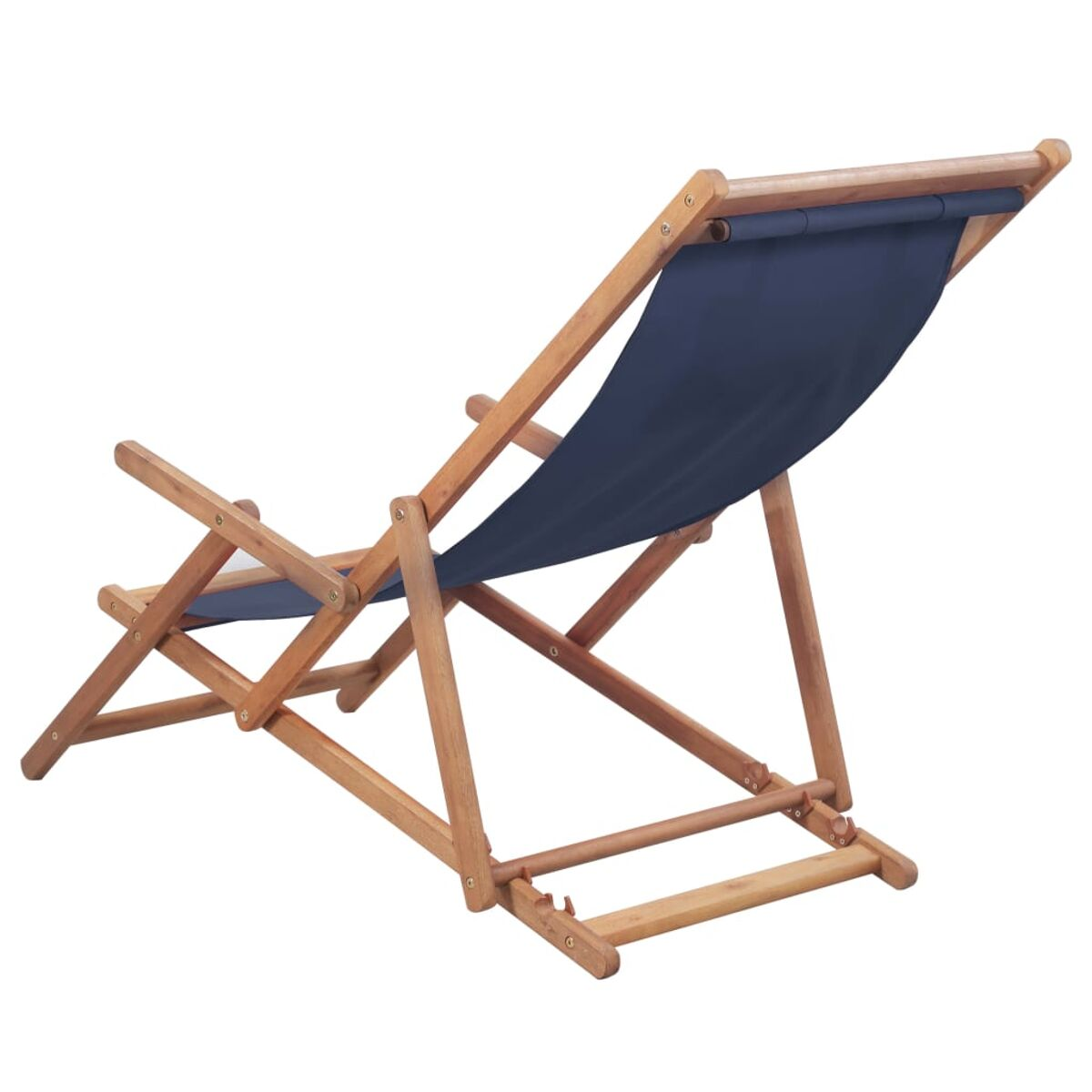 Ein dunkelblauer Segeltuch-Deckstuhl aus Holz.