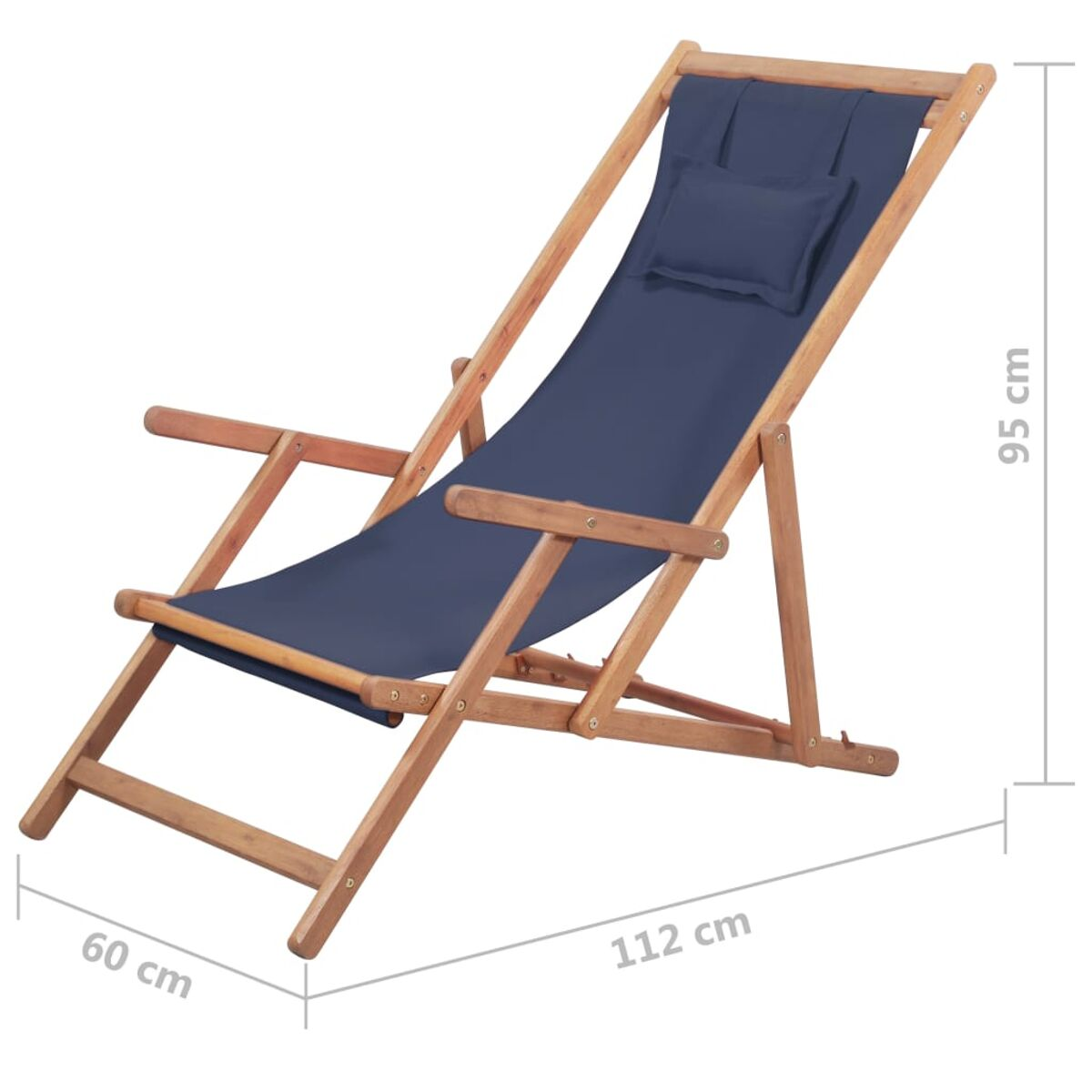 Ein blauer Segeltuch-Deckchair mit einem Kissen, mit angegebenen Abmessungen.