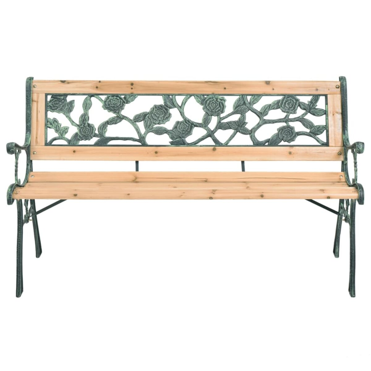 Holzbank mit dekorativer Rückenlehne aus Metall mit Rosendesign.