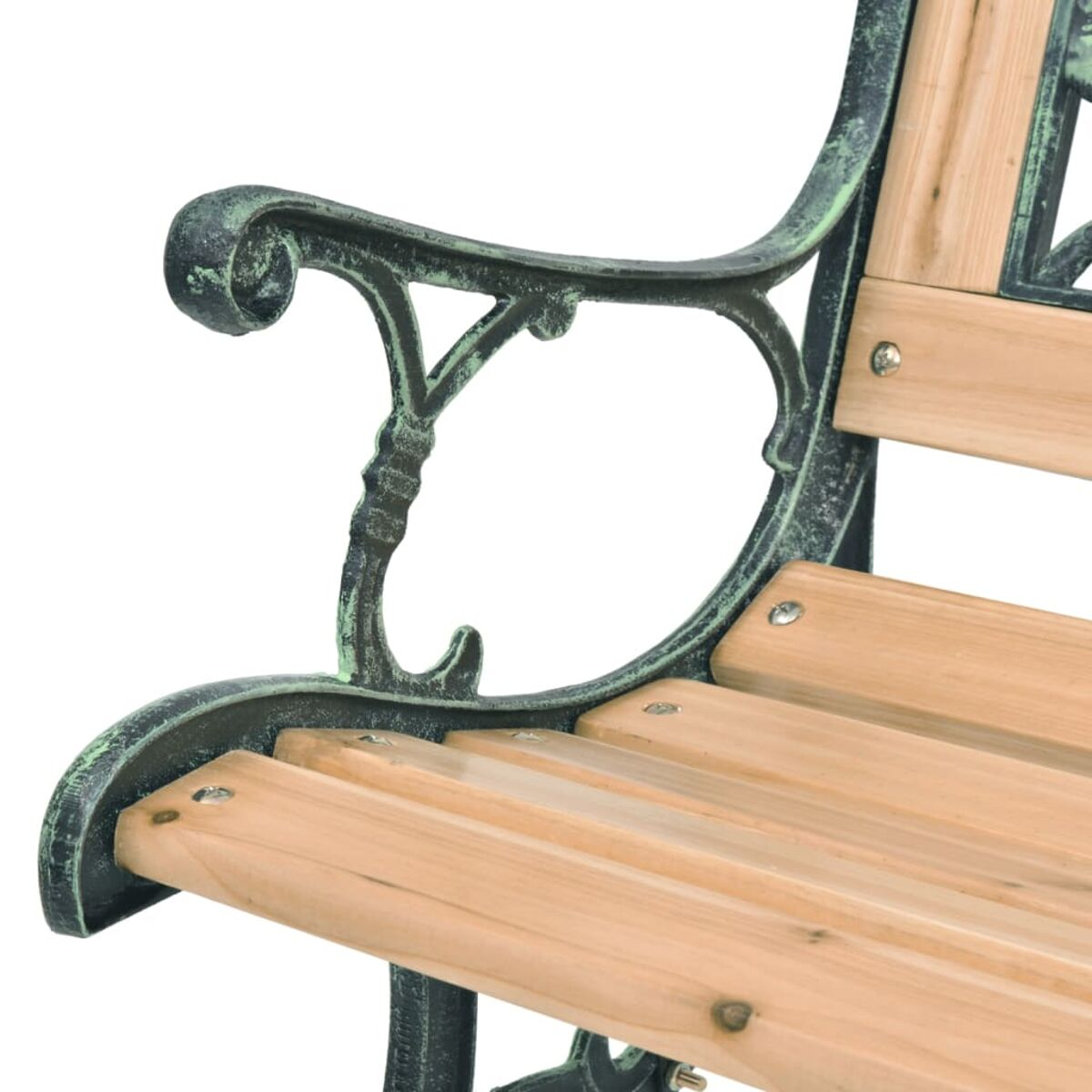 Holzbank mit grünen Metallarmen. Holzlatten und grünes Metall.