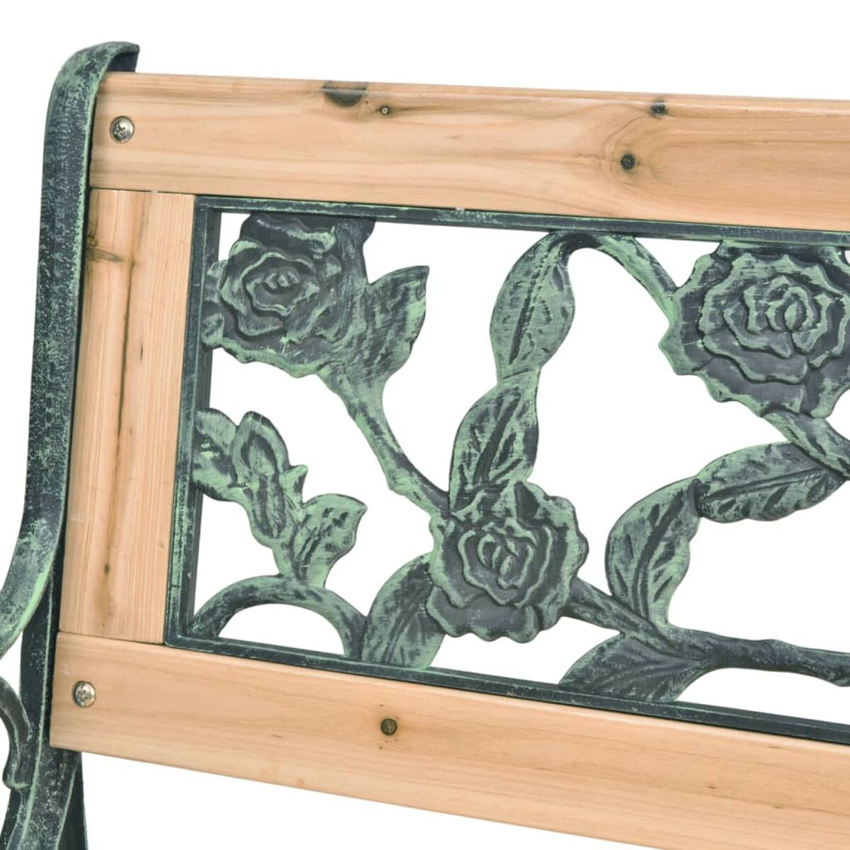 Nahaufnahme einer Holzbank mit einer dekorativen Metallplatte mit Rosendesigns.