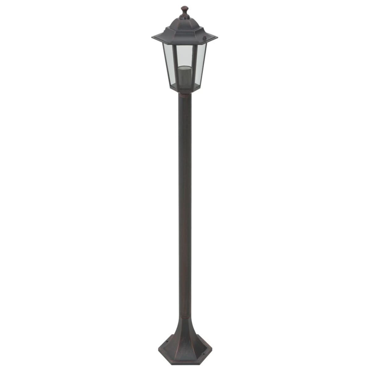 Hohe, dunkelbraune Außenlampe mit gläserner Oberseite und dekorativem Sockel.