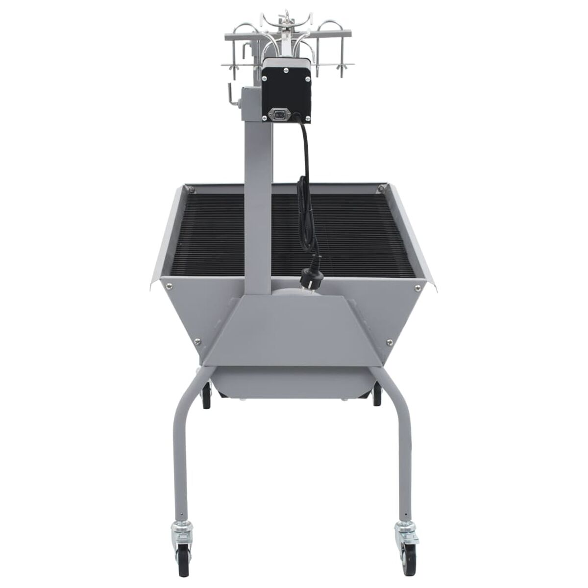 Srebrny grill z czarną powierzchnią do gotowania i kółkami.