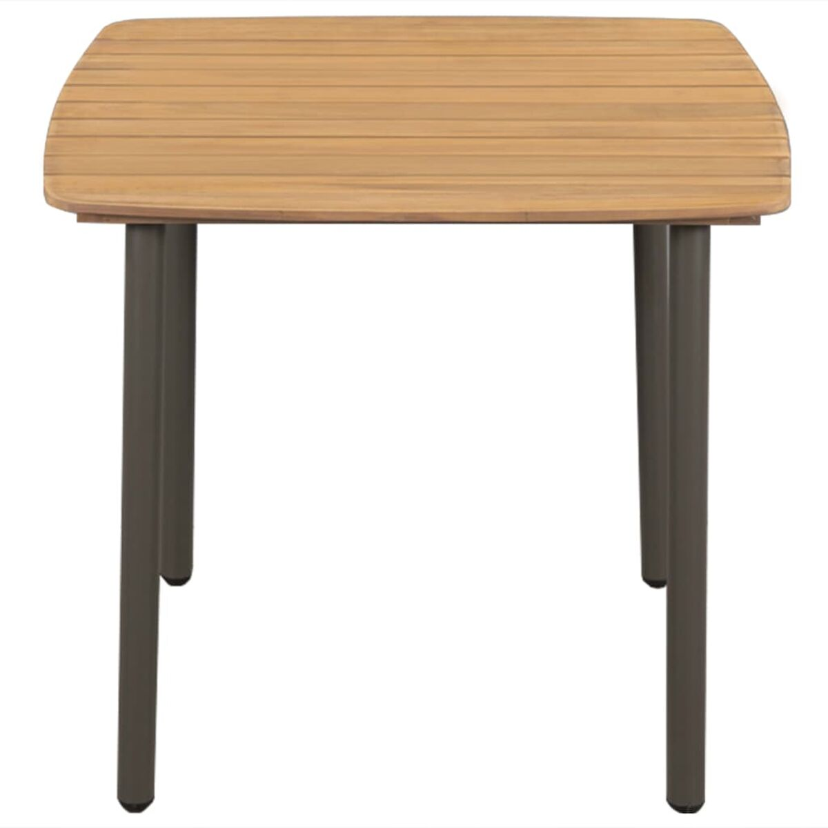 Ein kleiner quadratischer Tisch mit Holzplatte und dunkelgrauen Metallbeinen.