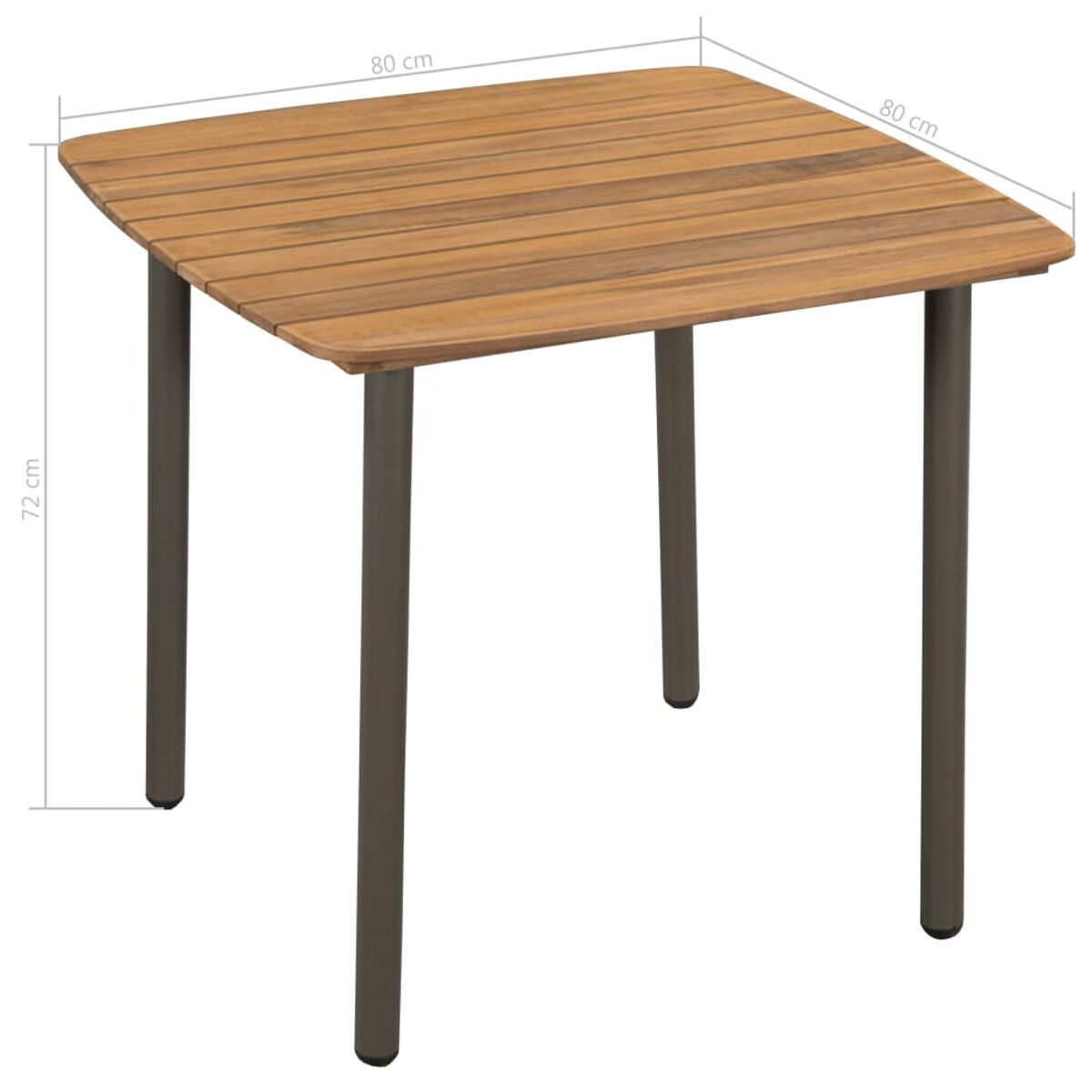Quadratischer Holztisch mit braunen Beinen. Abmessungen sind 80 cm x 80 cm und 72 cm hoch.