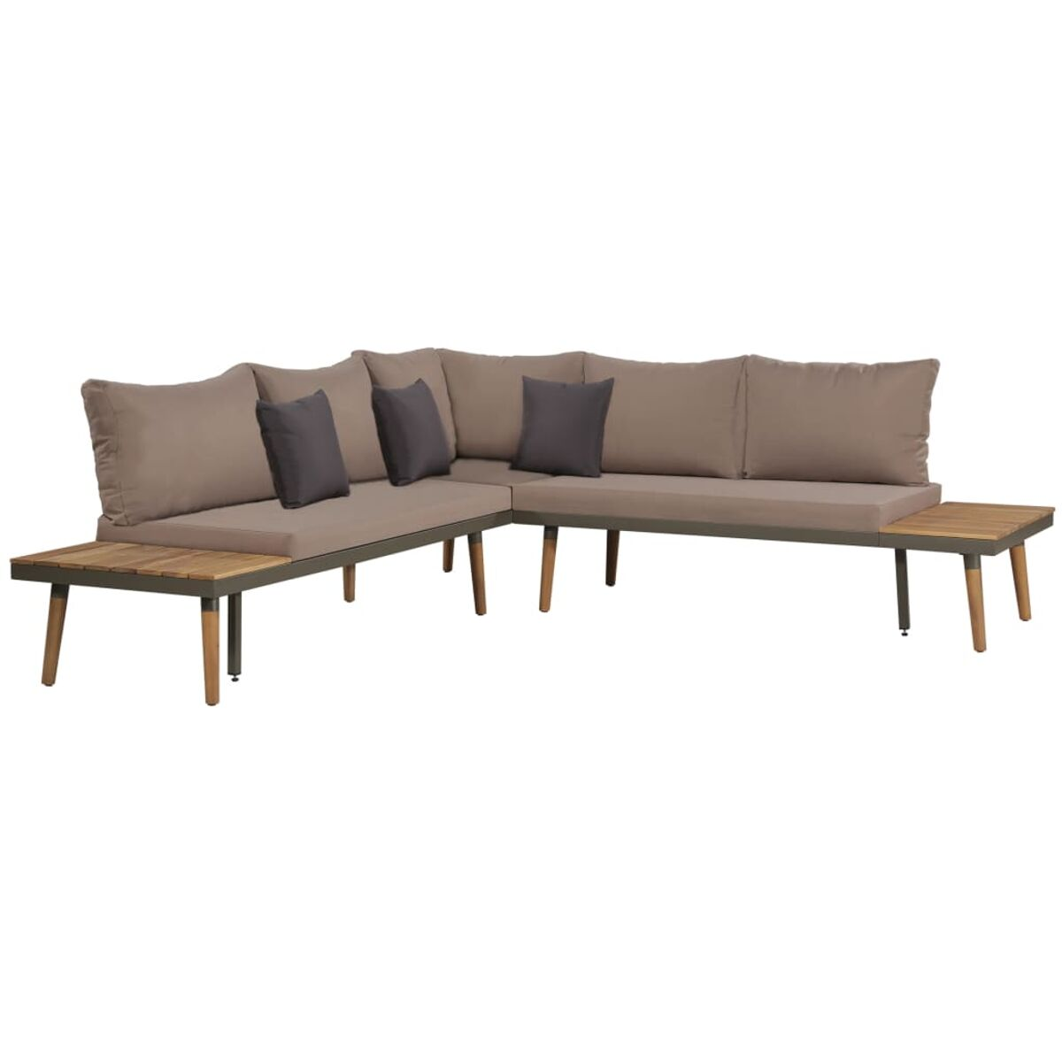 L-förmiges Outdoor-Ecksofa. Braune Kissen. Holz-Akzente.