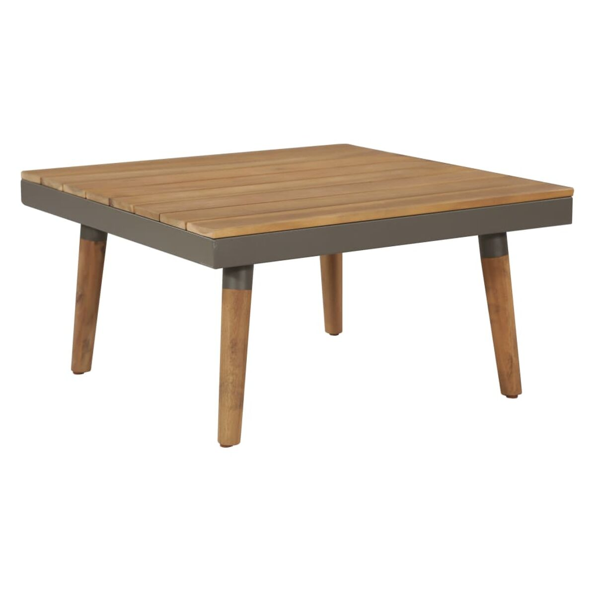 Quadratischer Couchtisch aus Holz mit grauem Rahmen und Beinen, auf weißem Hintergrund.