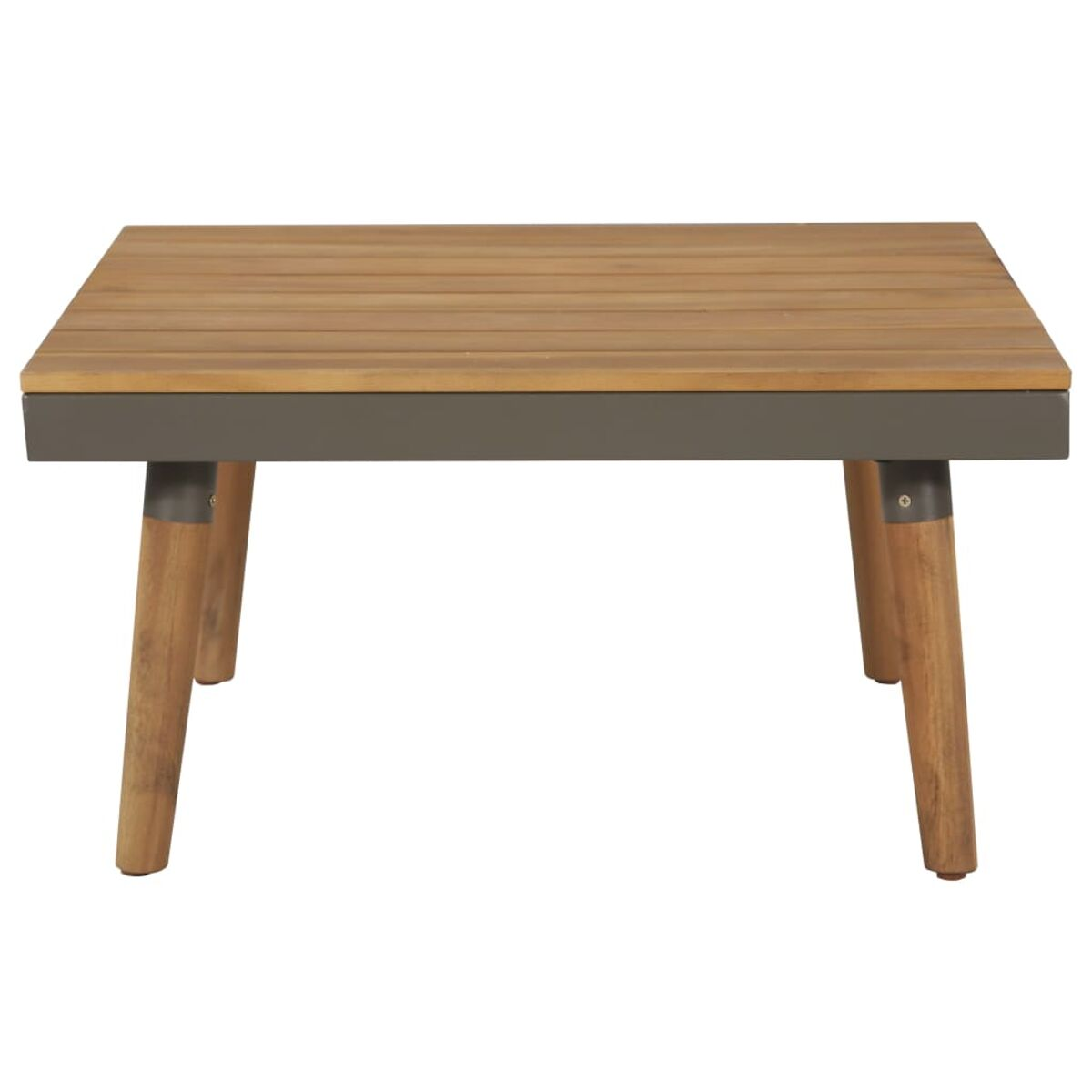 Holztisch mit grauem Rahmen und Holzbeinen.
