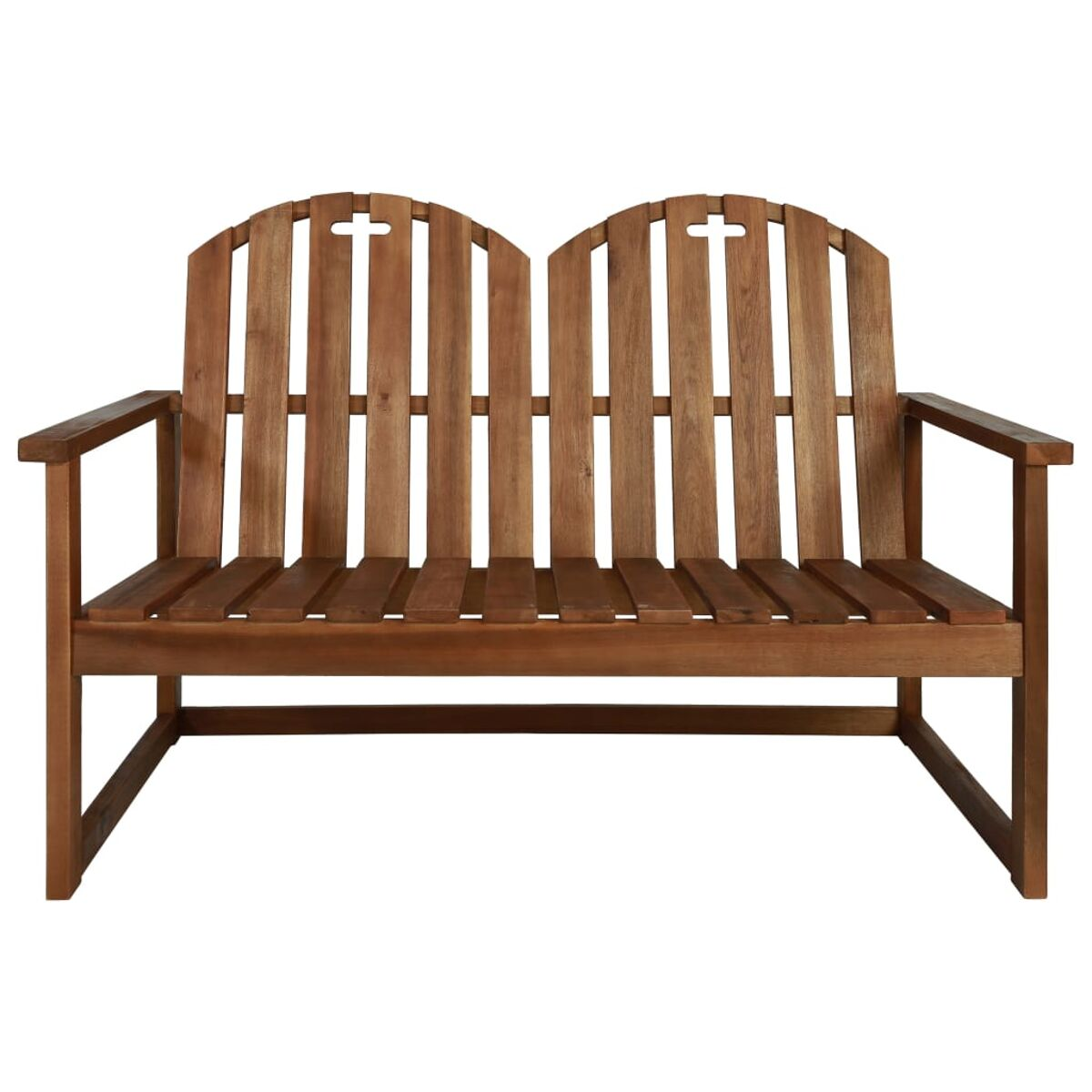 Holzbank mit zwei Sitzen und Armlehnen. Lattenrost-Rücken- und Sitzdesign.