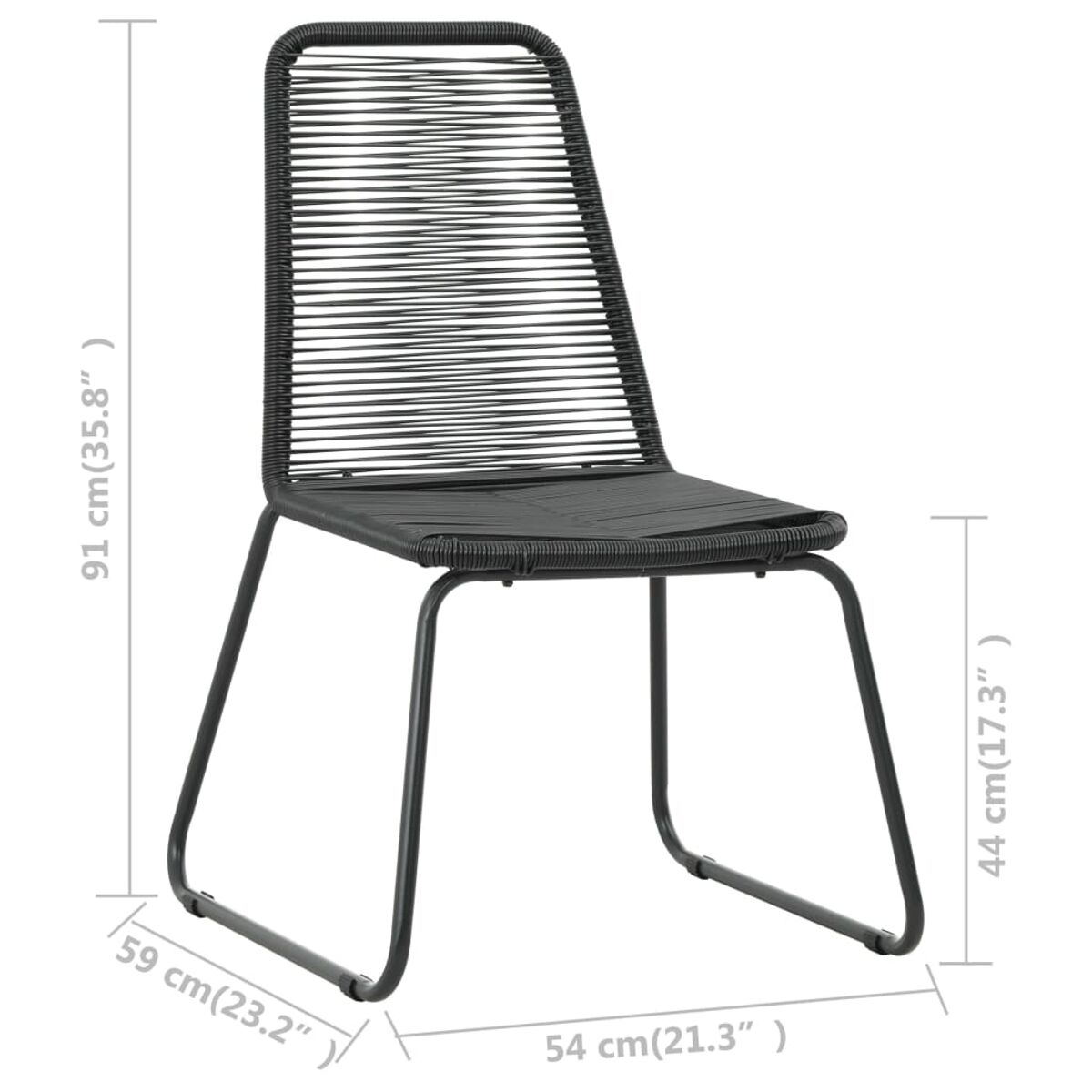 Schwarzer Stuhl mit gewebter Sitzfläche und Rückenlehne, einfaches Design. Abmessungen sind gezeigt.