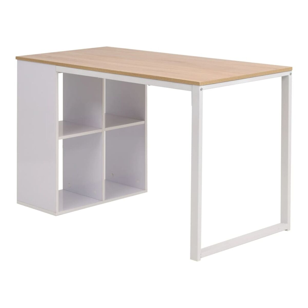 Ein weißer Schreibtisch mit heller Holzplatte. Er hat eine Ablage mit Regalen.