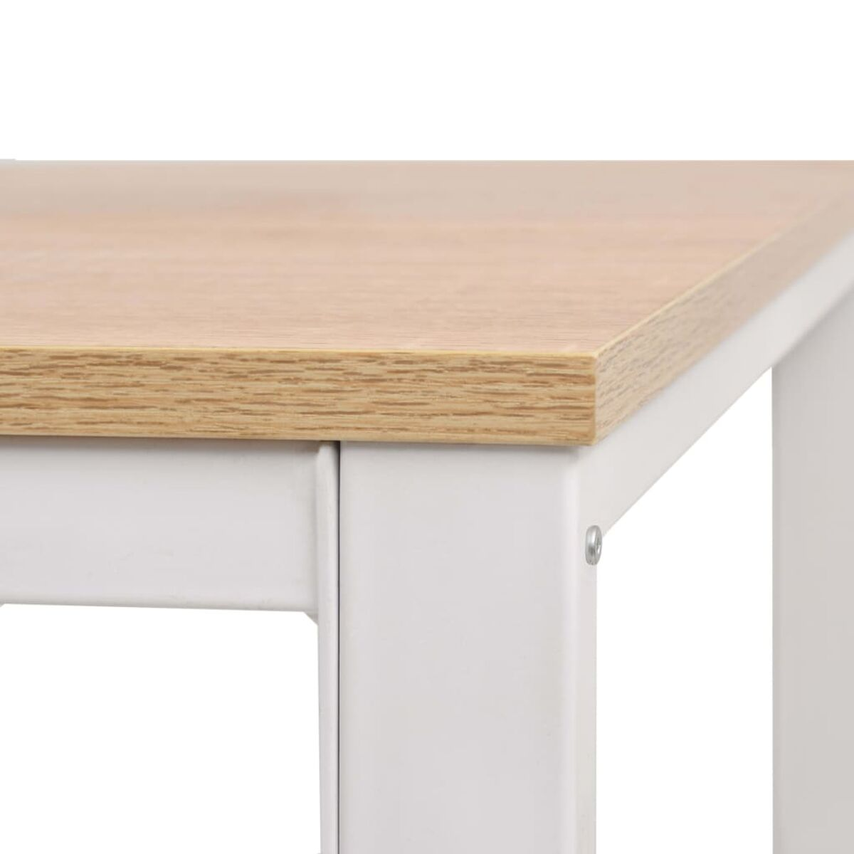 Nahaufnahme eines weißen Tischrahmens mit einer Tischplatte aus hellem Holz, isoliert auf Weiß.
