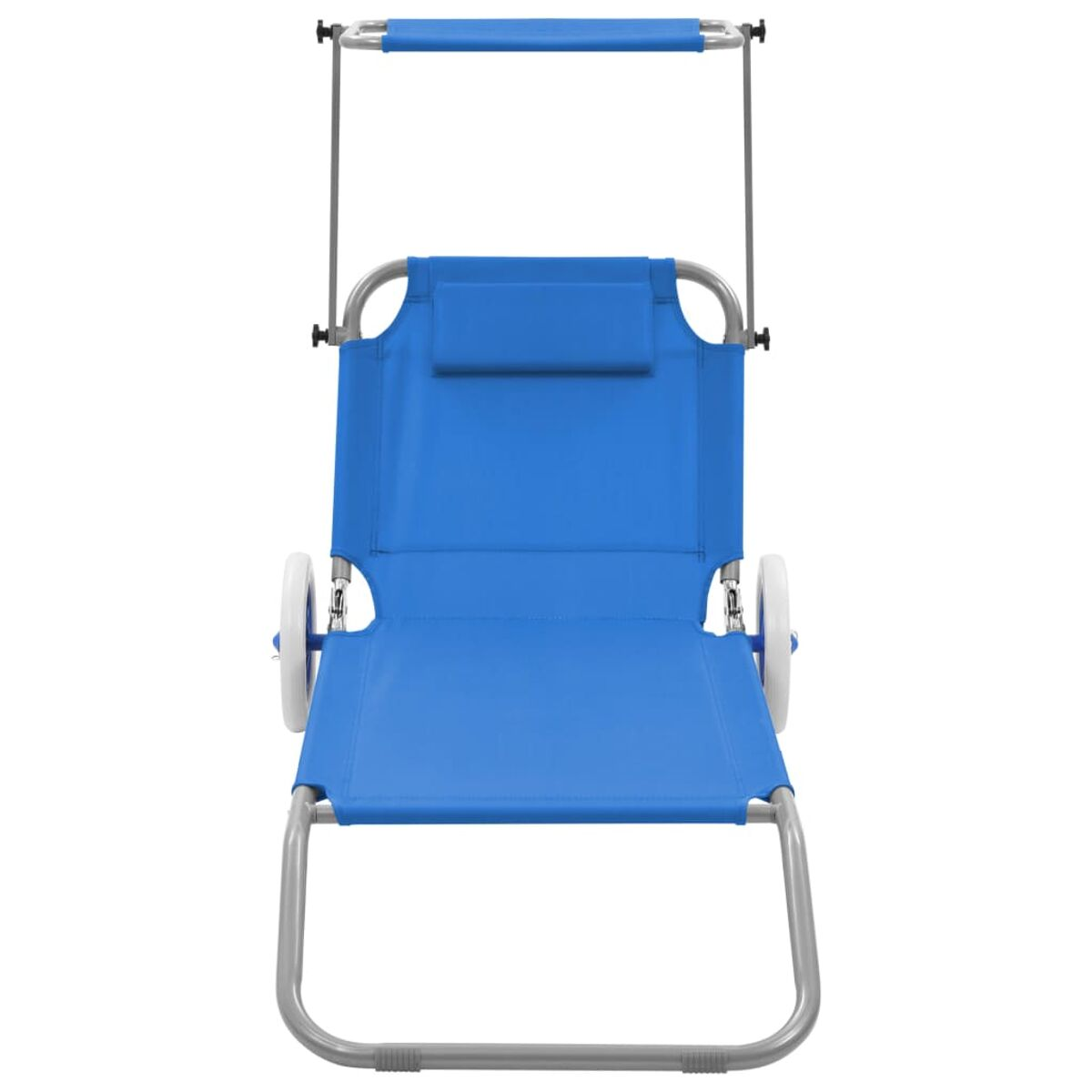Blauer Strandstuhl mit Rädern und Sonnenschutz, zusammengeklappt.