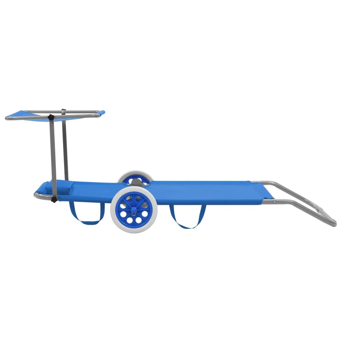 Blauer Strandwagen mit Rädern und Sonnenschirm. Silberner Rahmen.