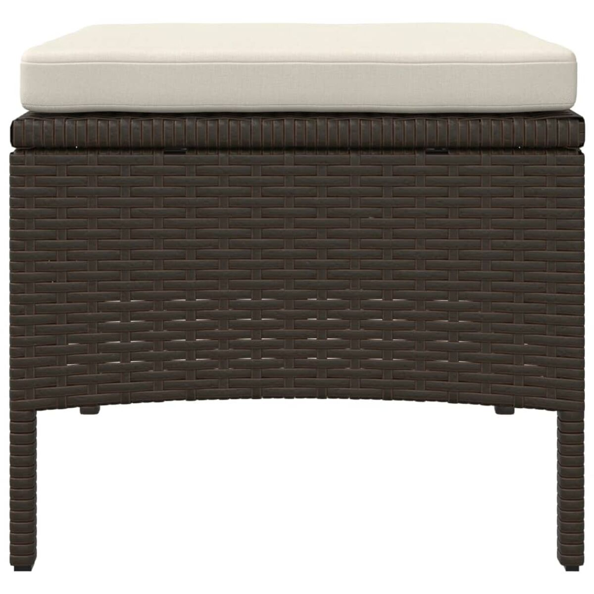 Brauner gewebter Outdoor-Hocker mit cremefarbenem Kissen. Er hat eine rechteckige Form und vier Beine.